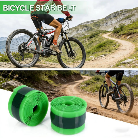 Cyclist on mountain trail with TPU Bike Tire Liner Kit Puncture Proof Tube Protector for 12 to 29 Inch Wheels, green and black.
