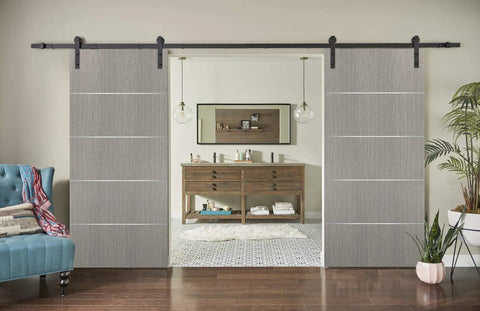 Premium Double Barn Door Sliding Hardware Set With Ridiculously Smooth Heavy Steel Track And Complete Floor Guide Kit For Chic Modern Spaces Today, gray pine doors in modern interior.