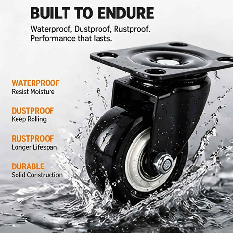 Built Tough Heavy Duty Two Inch Swivel Caster Wheel Sets Gliding On Sealed Double Ball Bearings for use in wet environments.