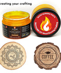 Wood Burning Gel Kit 4 Oz For Easy DIY Pyrography With Heat Activated Non Toxic Paste, open jar with label and example designs.