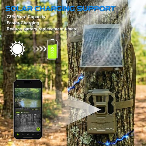 Heavy Duty 2 Pack 6000mAh Rechargeable Lithium Battery Compatible With Reveal Cellular Trail Camera connected to solar panel.