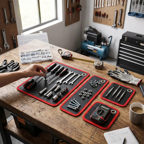 4 Pack Magnetic Tool Mats With 40 Lb Holding Power PVC Coated 12.6 x 9.6 Inches Heavy Duty Magnetic Tray That Keeps Screws Nuts Bolts And Tiny Metal Parts From Rolling Or Slipping on a workbench