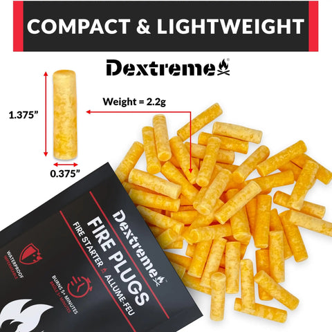 Compact Waterproof Windproof Fire Plugs 50 Pack Fire Starter Pellets with dimensions and weight for campfires and grills