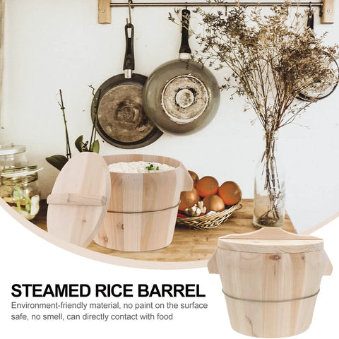 Premium Wooden Steaming Rice Basket cooks up fluffy fragrant rice fast in a rustic kitchen with handle and lid.