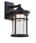 Slick One Light Outdoor Wall Lantern With Integrated LED Sconce For Backyard Or Patio built like a tank, 11.5 inch, black iron, seeded glass.