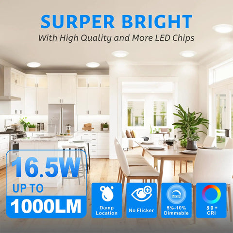 Ten Pack 6 Inch LED Disk Lights Dimmable Flush Mount Downlights 16.5W 1000 Lumens 5000K Daylight Ceiling Lights in kitchen
