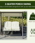 Two Person Patio Swing Bench With Adjustable Shade Canopy Cushions Throw Pillows And Tray Beige Outdoor Seating