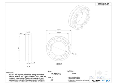 Rock Solid Heavy Duty Spherical Roller Bearing With Tapered Bore And C3 Clearance technical drawing showing dimensions and details.