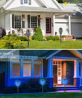 Blue Solar Torch Lights With Flickering Flames, 12 Pack Outdoor LED Tiki Torches illuminating yard, day and night view