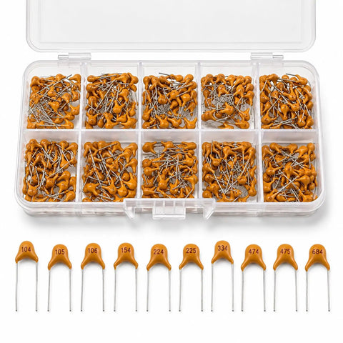 Sweet Ceramic Capacitor Assortment Kit Featuring Ten Darn Reliable Microfarad Values Perfect For Quick Circuit Fixes Hella Versatile Electronics Hobbyist Gear With Sturdy Tote Box Inside with ceramic capacitors organized in a clear box.