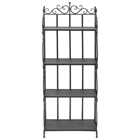 Black Metal Freestanding Storage Rack With Four Wood Shelves And Decorative Scrollwork, front view, perfect for plants or pantry items.