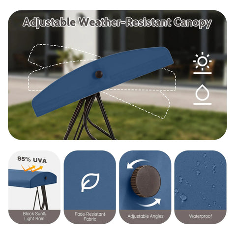 Adjustable canopy of 3 Seat Outdoor Porch Swing With Stand For Adults 800 Lb Weight Capacity, showing UV protection features.
