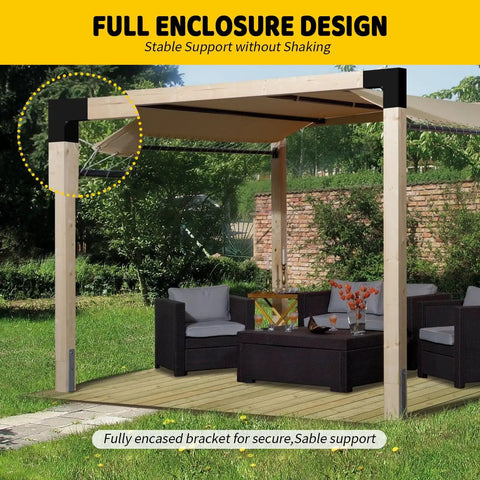 Heavy Duty Galvanized Steel Pergola Brackets Kit For 4 By 4 Inch Lumber L Shaped DIY Corner Brackets For Patios Gazebos Outdoor Pergolas 4 Pack Matte Black Finish Rust Resistant, installed on pergola corner providing stable support