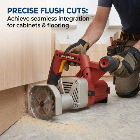 Heavy Duty Corded Toe Kick Circular Saw Delivers Knockout Flush Cuts And Quick Dial In Precision Depth Adjustments For Slick Cabinet Install And Floor Trim Work in use for flush cuts under cabinets.