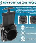 Heavy-duty ABS 3-Inch RV Waste Valve Body With Handle For Mess-Free Sewer Connection, shown with durability and leak resistance features.