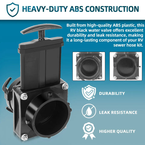 Heavy-duty ABS 3-Inch RV Waste Valve Body With Handle For Mess-Free Sewer Connection, shown with durability and leak resistance features.