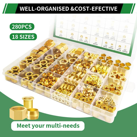 Brass Compression Sleeve Ferrule Kit 280Pcs Six Sizes 1/2 To 1/8 Inch Assortment With Nuts And Fittings in storage case