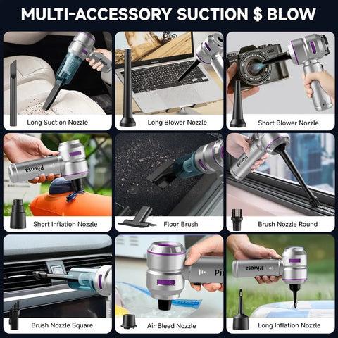 Cordless Handheld Car Vacuum With Brushless Motor 16000Pa Suction LED Light Type C Port On The Go Portable Mini Vacuum with various nozzles and accessories for car detailing and home cleanup.