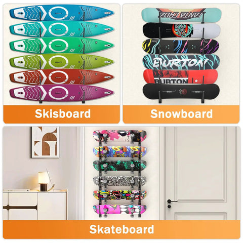 Hella Sturdy Skateboard Wall Mount With Six Tier Display Rack To Store Longboards Skis And Snowboards While Keeping Your Fly Deck Collection Tightly Organized And Ready For The Next Send with ski and snowboard storage.