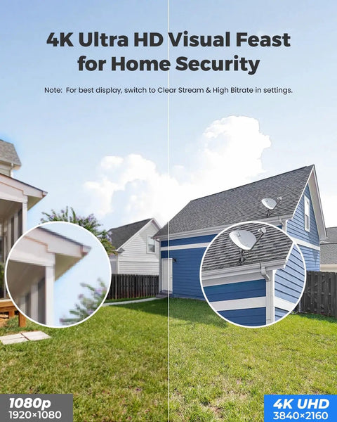 Comparison between 1080p and 4K UHD clarity for home security on house exterior.