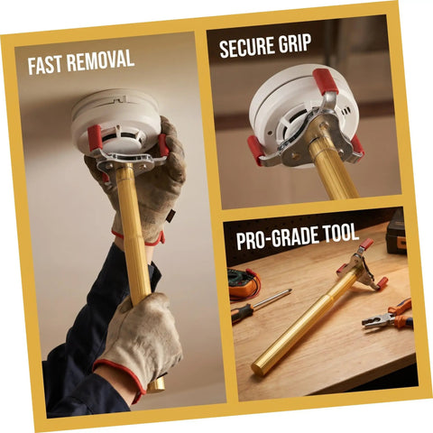 No Sweat Smoke Sensor Removal Tool With Slick Aluminum Extension Pole for easy ceiling transducer extraction and ladder free installation.