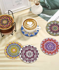 Diamond Art Coasters Kit With Holder For Grownups And Beginners, 20 Mandala Style Coasters, 12 Cork Bases, shown on table
