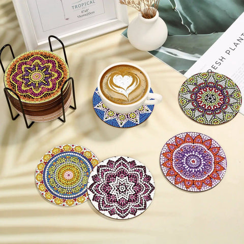 Diamond Art Coasters Kit With Holder For Grownups And Beginners, 20 Mandala Style Coasters, 12 Cork Bases, shown on table