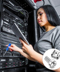 Woman using a tablet to secure components with Top Notch M6 By 20mm Rack Mount Cage Nuts Screws And Washers Bundle For Server Cabinets.