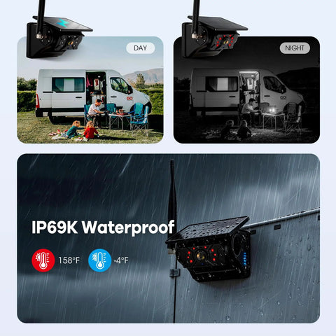 Dual Wireless Backup Camera System With 10.1 Inch HD Monitor, showing day and night views, and IP69K waterproof rating.
