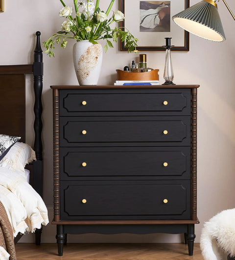 Black dresser with Heavyweight Solid Brass Brushed Gold Cabinet Knobs 0.94 Inch Diameter 24mm 8 Pack Contemporary Euro Style Drawer Knobs For Kitchen Cabinets And Dressers Built To Last