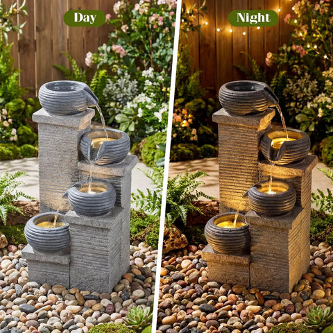 4-Tier Outdoor Water Fountain With Cascading Bowls, 23 Inch Tall, Warm LED Lights, And Submersible Pump For Patio Garden Yard