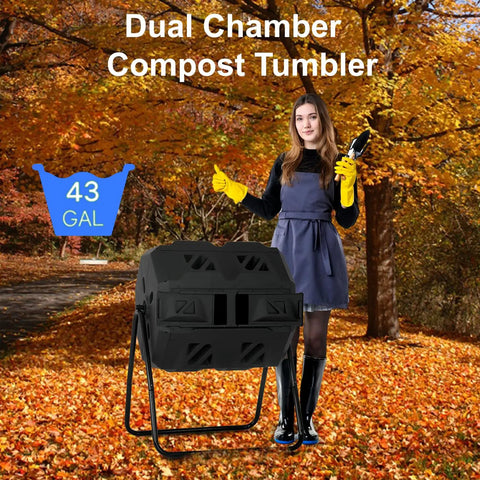 Dual Chamber Tumbling Compost Bin With Sliding Doors No Fuss, 43 Gallon Outdoor System for garden patio kitchen yard