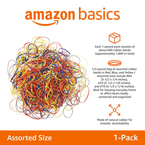 No Sweat Assorted Rubber Bands Rock Solid Premium Natural Elastic Grip For Daily Office And Home Packing Needs In Bright Red Blue And Yellow Storage Supply Bundle, featuring colorful rubber bands.