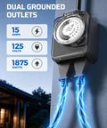 Solid 24 Hour Mechanical Timer Outlet Featuring Dual Grounded Outlets And 15 Amp Capacity For Yard Work with power indicators.