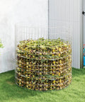 Large Galvanized Steel Garden Composter 39.4 Inch Cylindrical Outdoor Bin installed in backyard with leaves inside