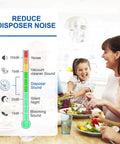 Family dining with overlay showing decibel levels and text 'Reduce Disposer Noise' related to Three And One Eighth Inch Garbage Disposal.