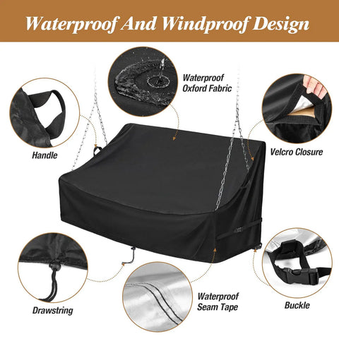 Waterproof Porch Swing Cover For Outdoor Patio Swings Garden Hammock Gliders And Hanging Benches Size 62 By 26 By 15 To 21 Inches Made From 420D Oxford Fabric With Sealed Seams For All Weather Protection And Easy Fit showing waterproof fabric, handle, drawstring, seam tape, buckle, and Velcro closure