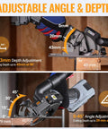 Adjustable angle and depth settings of Tough As Nails Cordless Circular Saw Cuts Clean Like Butter On Wood And Tile Powered By 20V Brushless Motor And 4Ah Battery.