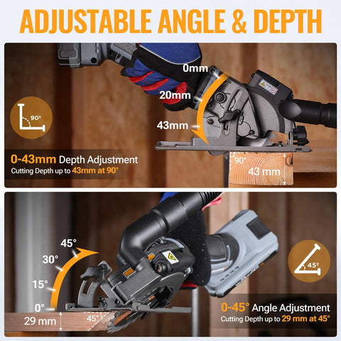 Adjustable angle and depth settings of Tough As Nails Cordless Circular Saw Cuts Clean Like Butter On Wood And Tile Powered By 20V Brushless Motor And 4Ah Battery.