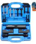 Heavy-Duty Yoke Puller And Removal Tool Kit For Commercial Trucks And Semi Trucks, Wide Compatibility Fits 1-7/8 To 2-3/16 Bearing Diameters, Class 6 Through 8 Service On Spicer Meritor Axles showing case with tools and gloves