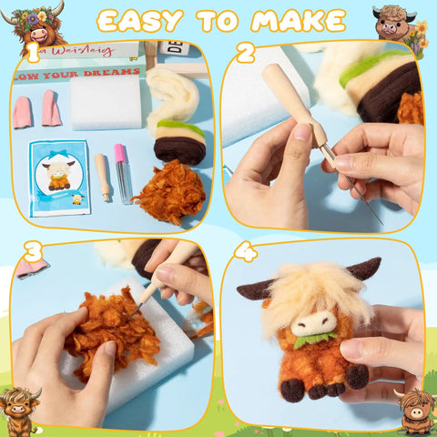 Awesome Three Pack Needle Felting Kit For Beginners With Wool Felt Tools Foam Pad Wooden Handle And Included Needles Finger Cots Instructions And Highland Cow Keychains