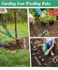 Iron Weeding Rake 2.0 with 8 teeth in use for dethatching lawns and loosening soil among plants, showing detachable handle.