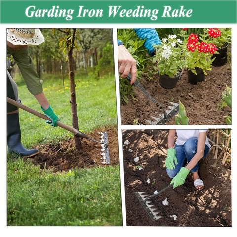 Iron Weeding Rake 2.0 with 8 teeth in use for dethatching lawns and loosening soil among plants, showing detachable handle.