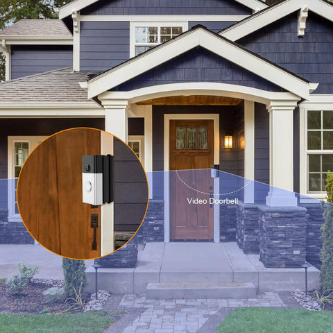 Adjustable 30 To 55 Degree Doorbell Mount For Ring And Blink Video Doorbells on a front porch entryway with angled view