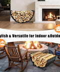 Built Tough Heavy Duty Metal Firewood Rack For Indoor And Outdoor Use With 24 Inch Large Capacity Arc Shape Design shown in living room and patio.