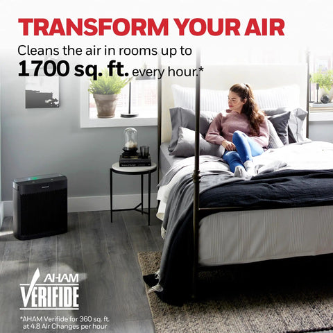 Advanced HEPA Air Purifier For Large Rooms Up To 1700 Square Feet in a cozy bedroom setting, filtering air and improving freshness.