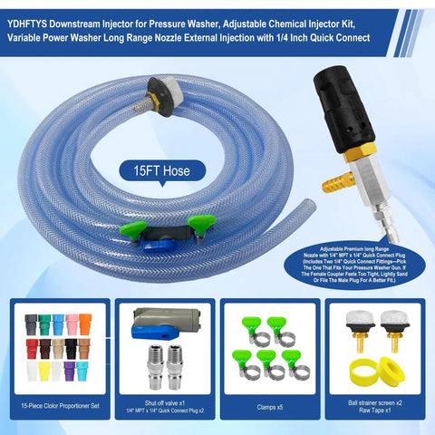 Adjustable Long Range Downstream Injection Nozzle Kit For Pressure Washers with 15-foot hose and accessories displayed