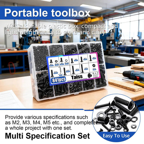841 Piece M3 Screw Kit With Flat Head Hex Socket Cap Screws 10.9 Grade Alloy Steel Countersunk Bolts And Black Nuts In A Clear Storage Box