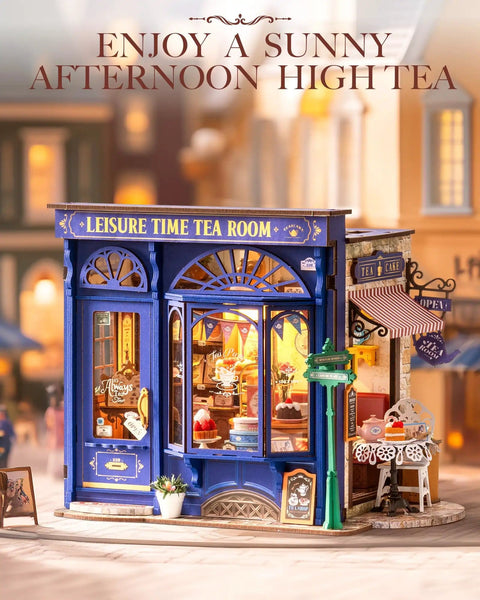 Edwardian Tea Room Dollhouse Kit With Open Facade Diorama Building For Adults One Eighteen Scale Totally Vintage Style Miniature Craft Kit For Home Decor And Gift For Women And Men With Detail Rich Interiors showcasing detailed tea room exterior in vibrant blue and interior decor view.