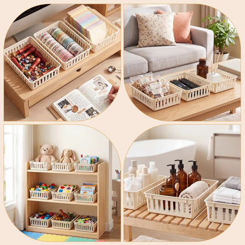 Bulk Set Of Six Small Beige Plastic Storage Baskets Perfect For Desk Drawer And Countertop Tidy Organization used for organizing office supplies and bathroom essentials.